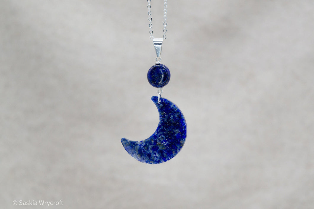 Crescent Moon Lapis Lazuli Necklace With Resin | Silver Plated | Sterling Silver