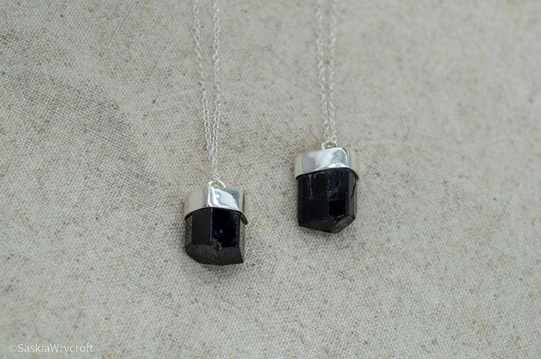 Black Tourmaline Faceted Pendant Necklace | Sterling Silver