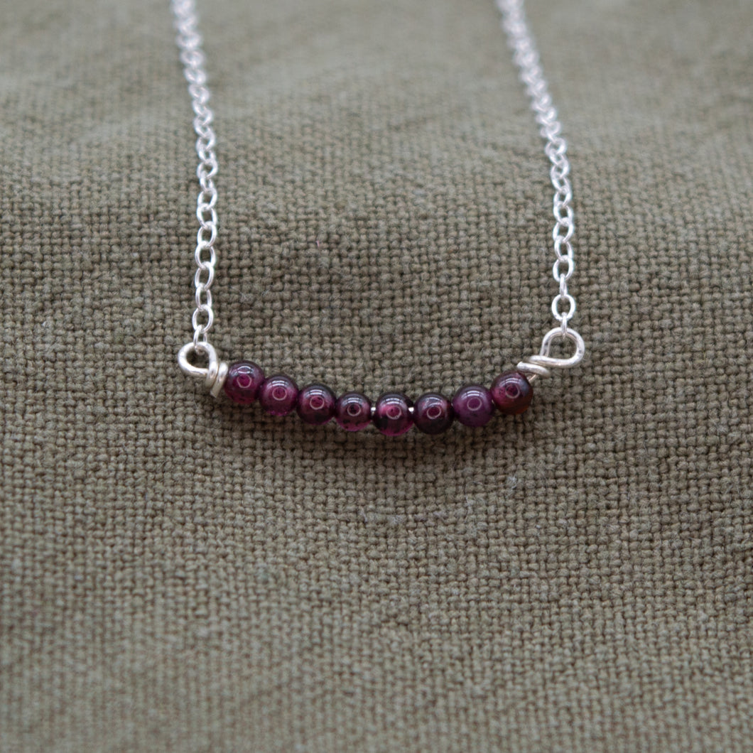 Red Garnet Bead Bar Necklace | Sterling Silver