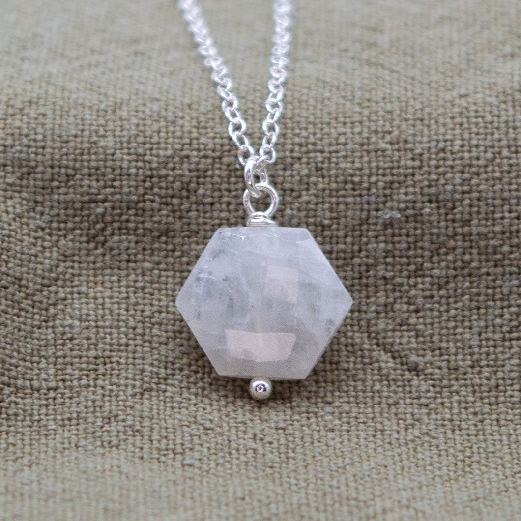 Hexagon Rainbow Moonstone Necklace | Sterling Silver