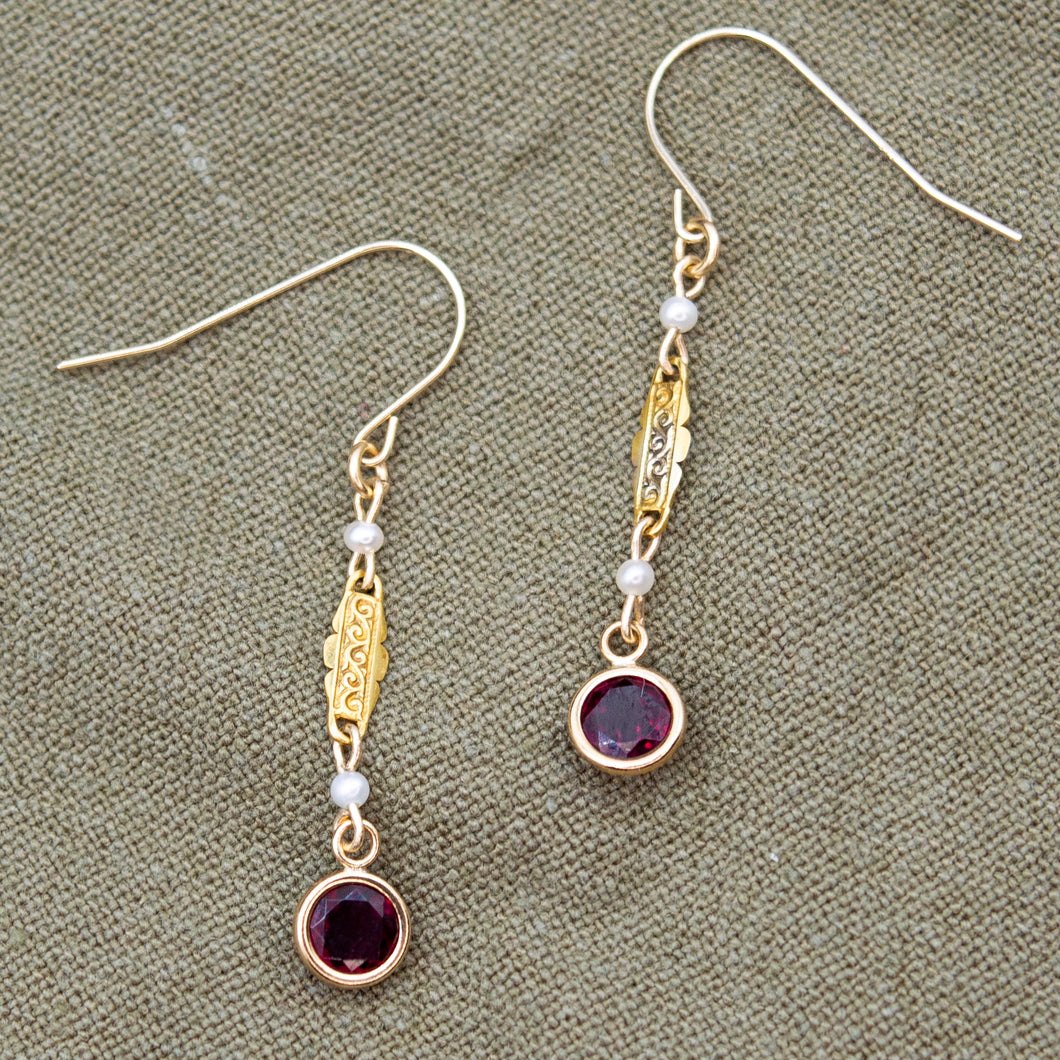 9ct Gold Garnet & Pearl Vintage Remodelled Earrings | Art Deco