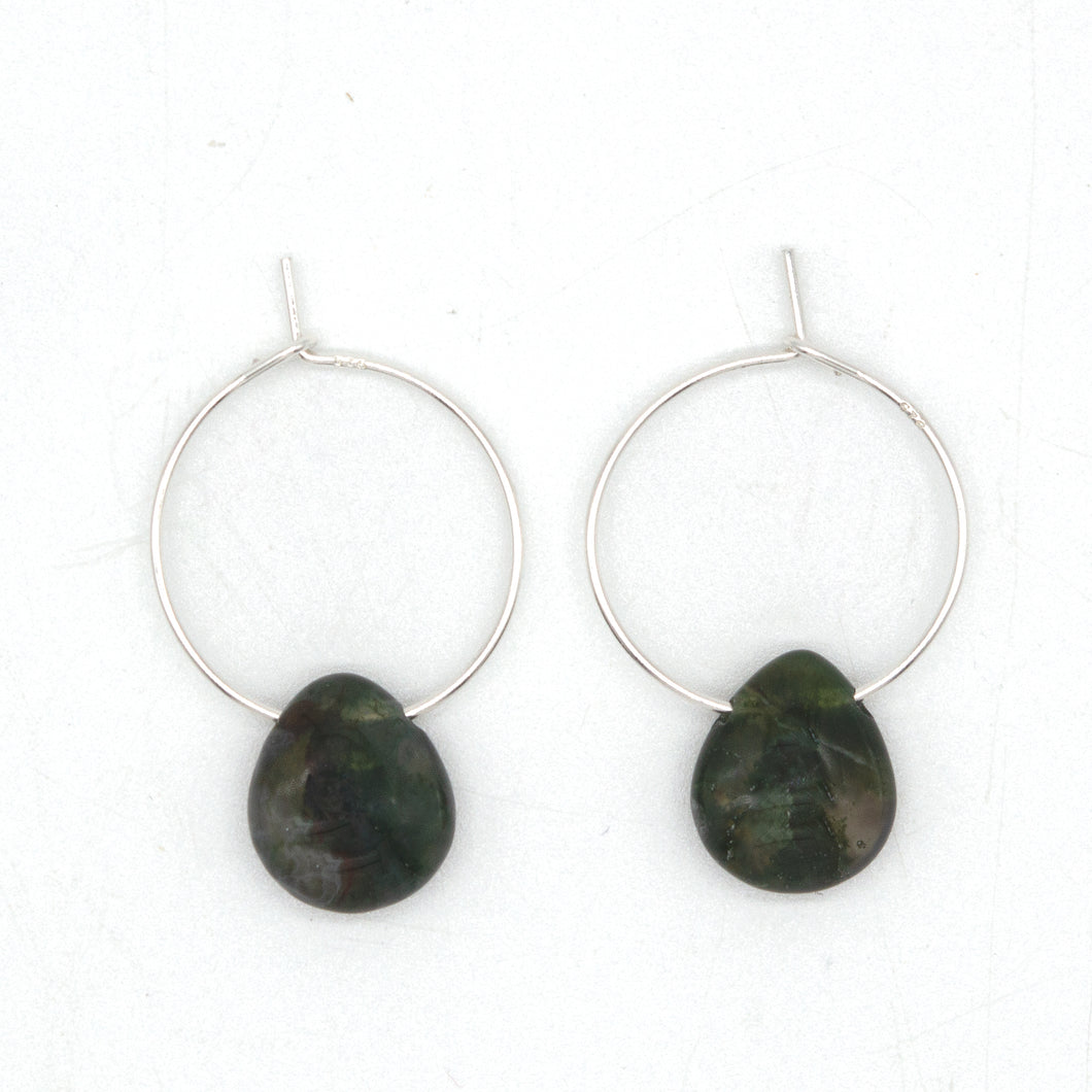 Teardrop Moss Agate Hoop Earrings | Sterling Silver