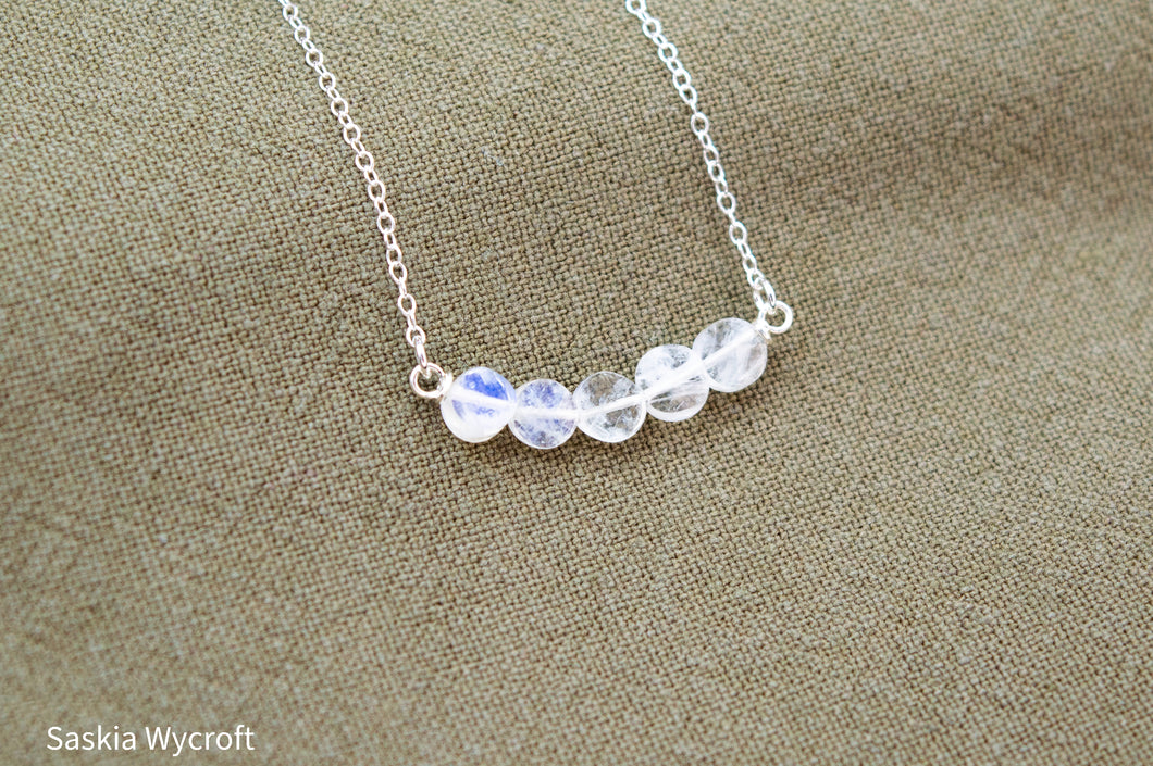 Rainbow Moonstone Faceted Disc Bar Necklace | Sterling Silver | Silver Plated