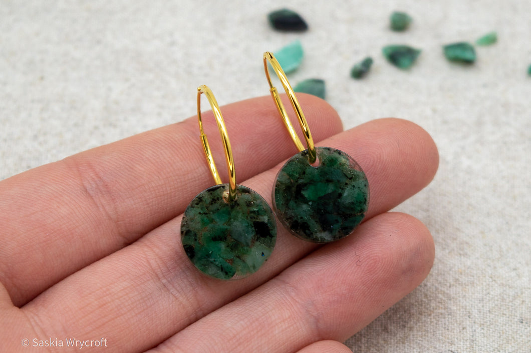 Emerald Rock Resin Hoop Circle Earrings | Gold Vermeil