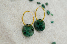 Load image into Gallery viewer, Emerald Rock Resin Hoop Circle Earrings | Gold Vermeil

