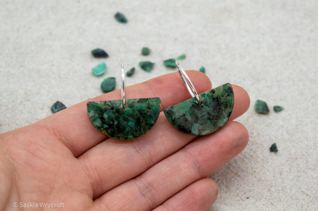 Emerald Rock Resin Hoop Semi Circle Earrings | Sterling Silver