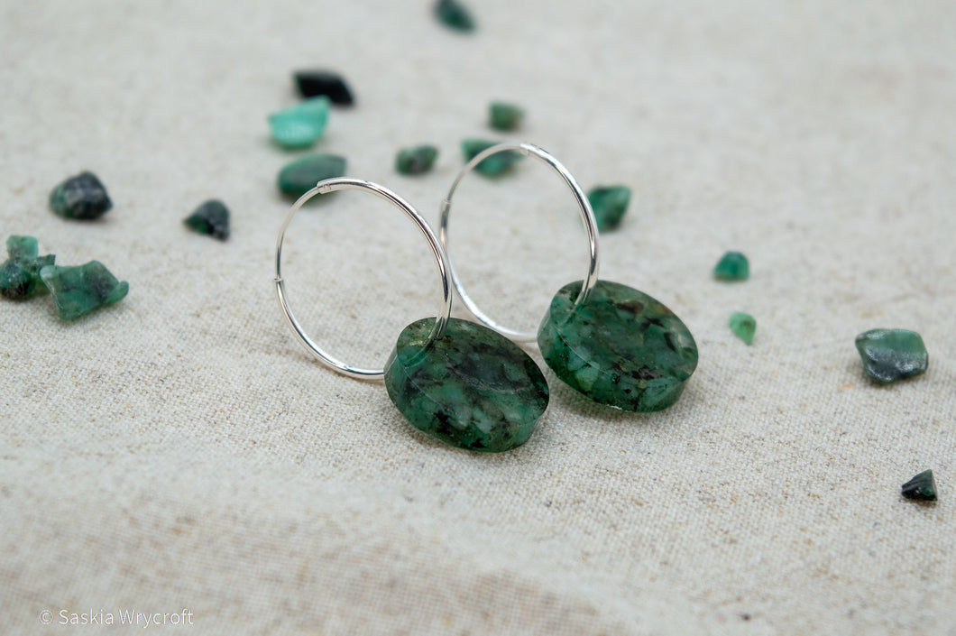 Emerald Rock Resin Hoop Circle Earrings | Sterling Silver