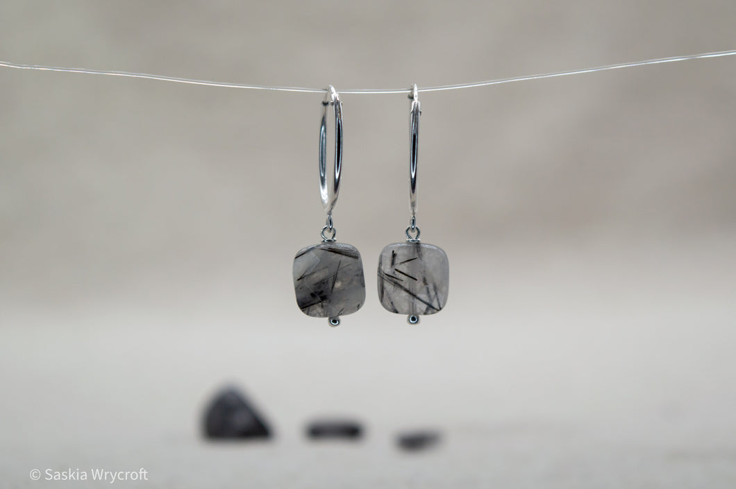 Tourmalinated Quartz Square Faceted Hoop Earrings | Sterling Silver