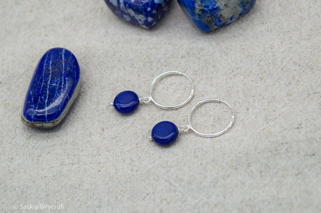 Lapis Lazuli Circle Coin Hoop Earrings | Sterling Silver