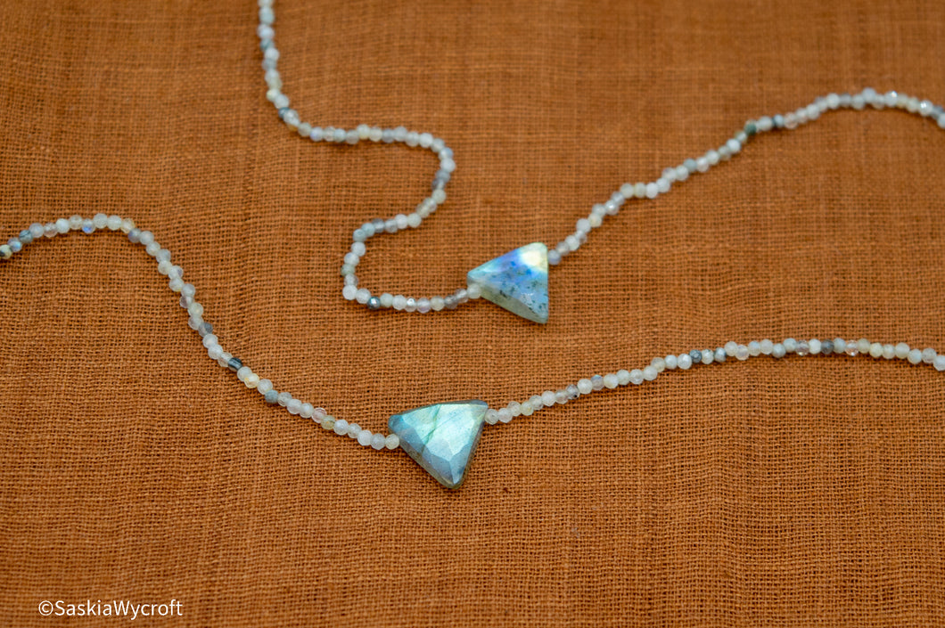 Beaded Labradorite Necklace | Faceted Triangle | Sterling Silver | Silver Plated