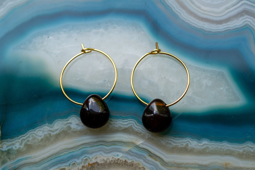 Teardrop Black Agate Hoop Earrings | Gold Plated