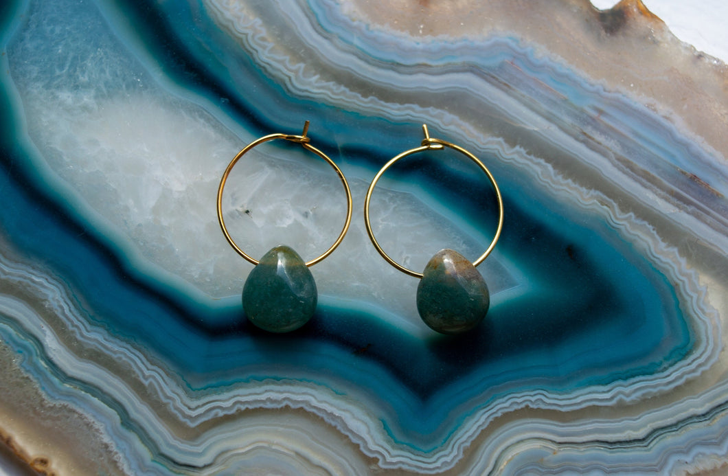 Teardrop Moss Agate Hoop Earrings | Gold Plated
