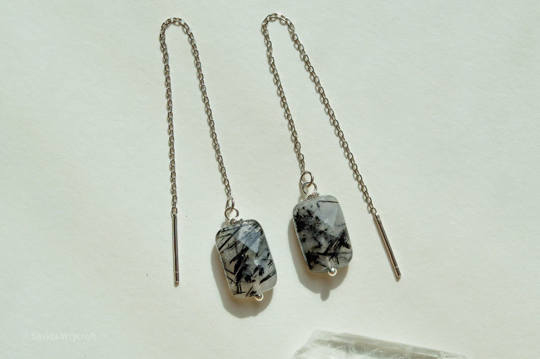 Tourmalinated Quartz Threader Earrings | Silver Plated | 3 Inch
