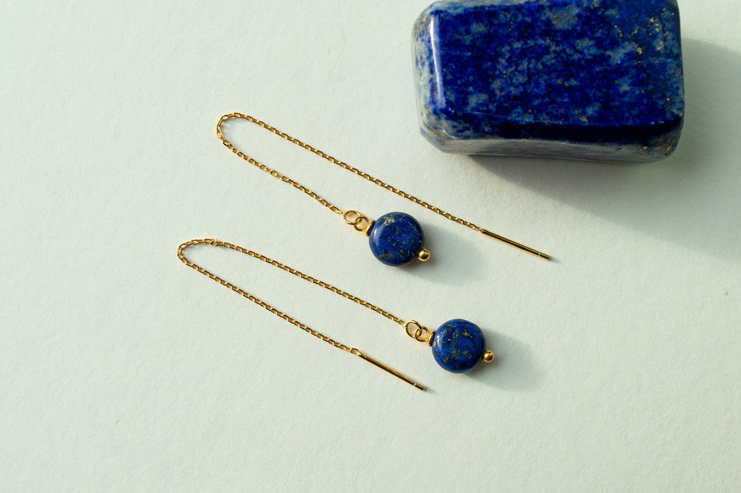 Lapis Lazuli Threader Earrings | Gold Plated | 3 Inch