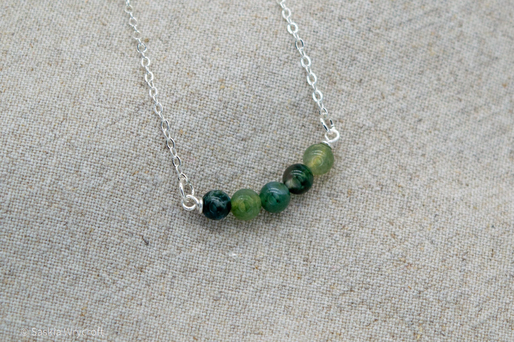Moss Agate Beaded Bar Necklace | Sterling Silver | Silver Plated