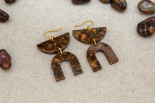 Load image into Gallery viewer, Autumn Leaf Jasper Resin Earrings | Semi Circle Arch | Gold Plated
