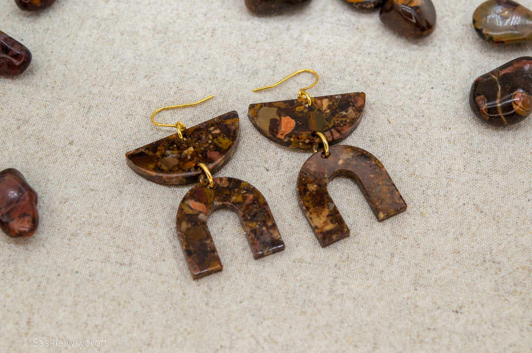 Autumn Leaf Jasper Resin Earrings | Semi Circle Arch | Gold Plated